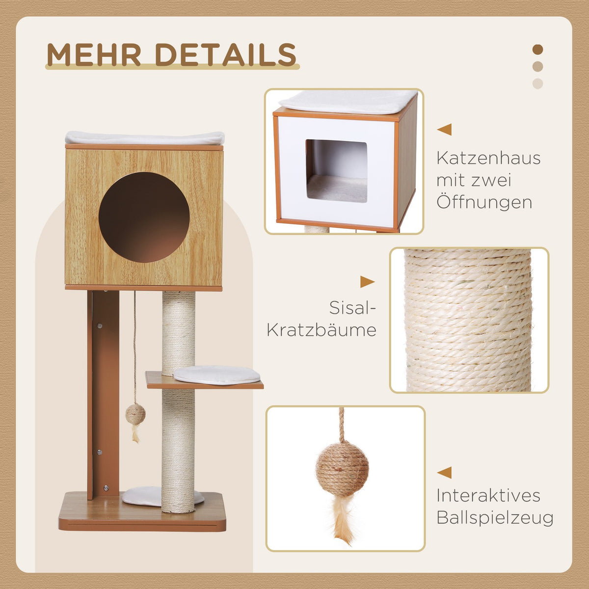 Scratching Post Cat Furniture With Cave & Sisal Posts, 4 Cushions, Mdf, 50X40X91 Cm