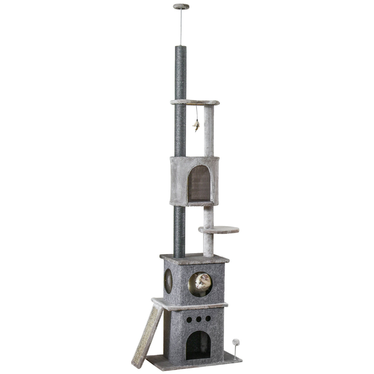 Scratching Post Cat Tree Ceiling High Climbing Tree With Cat Toys Sisal Plush Light Gray Height Adjustable 60 X 40 X 225-255 Cm