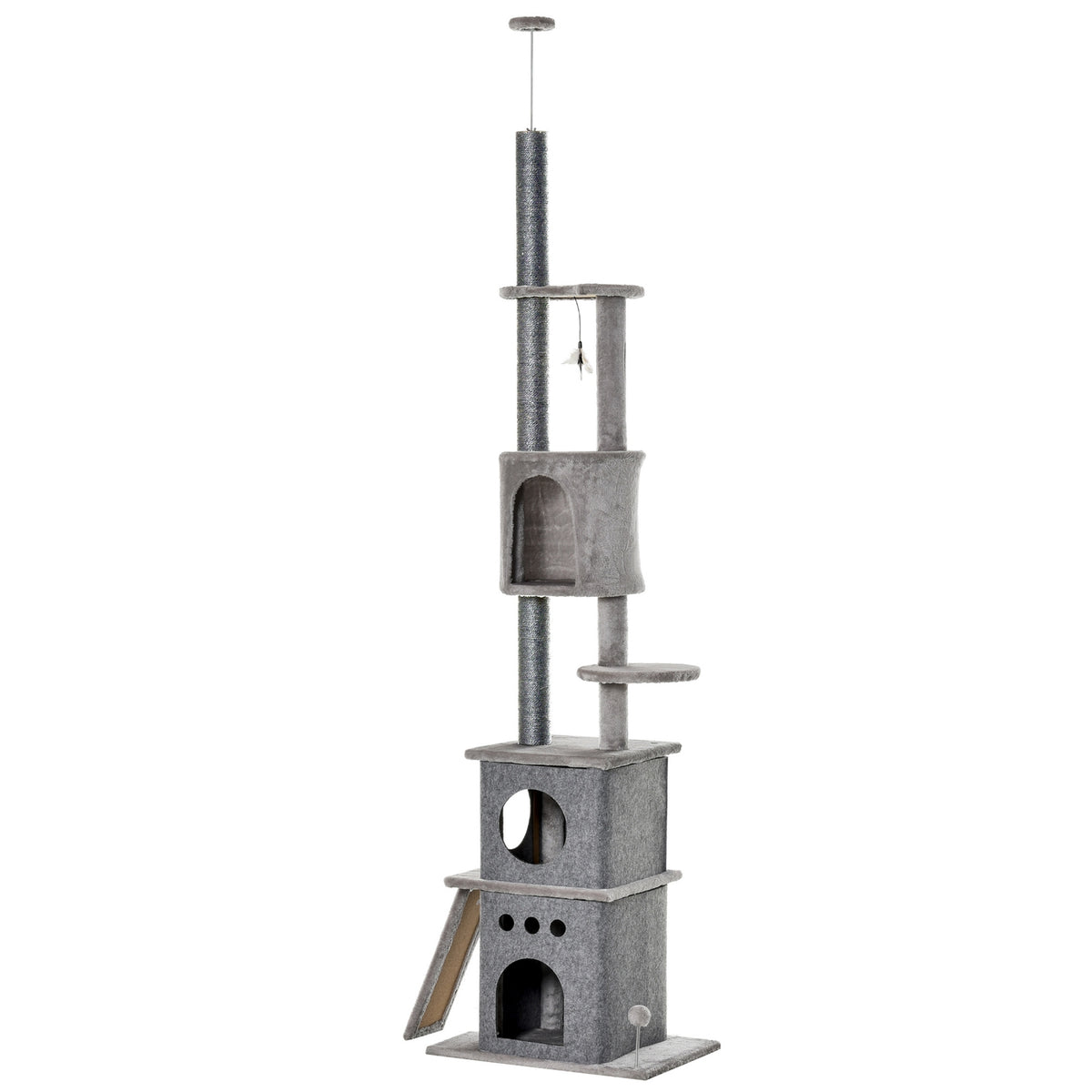 Scratching Post Cat Tree Ceiling High Climbing Tree With Cat Toys Sisal Plush Light Gray Height Adjustable 60 X 40 X 225-255 Cm