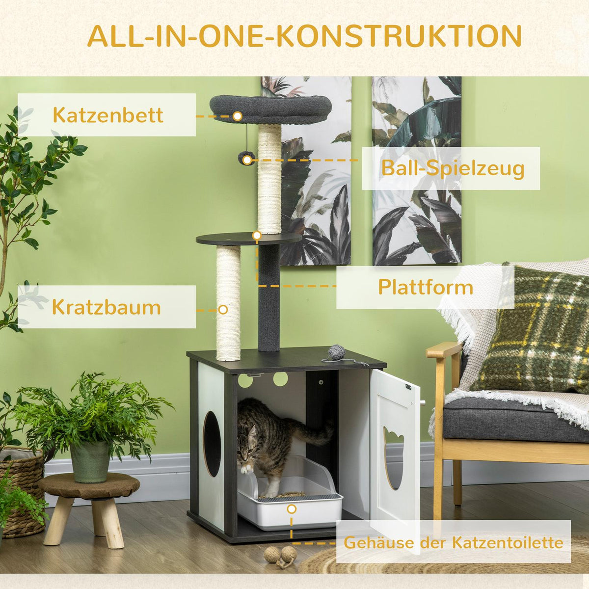 Scratching Post Cat Tree Litter Tray 131.5H Cm Climbing Tree Sisal Columns Cat Bed Dark Gray + White