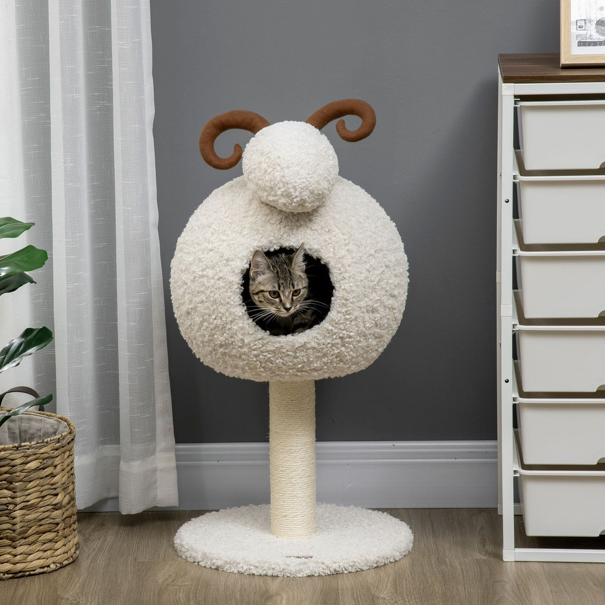 Scratching Post, Cat Tree With Cat Cave, Cat Scratching Post In Goat Design, Climbing Tree With Sisal Rope Posts, Cat Furniture, Cream White, 80Cm
