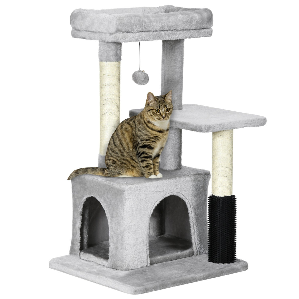 Scratching Post Cat Tree With Massage Corner, Cat Cave & Play Ball, Sisal Rope Scratching Poles, Light Gray, 48X48X85Cm