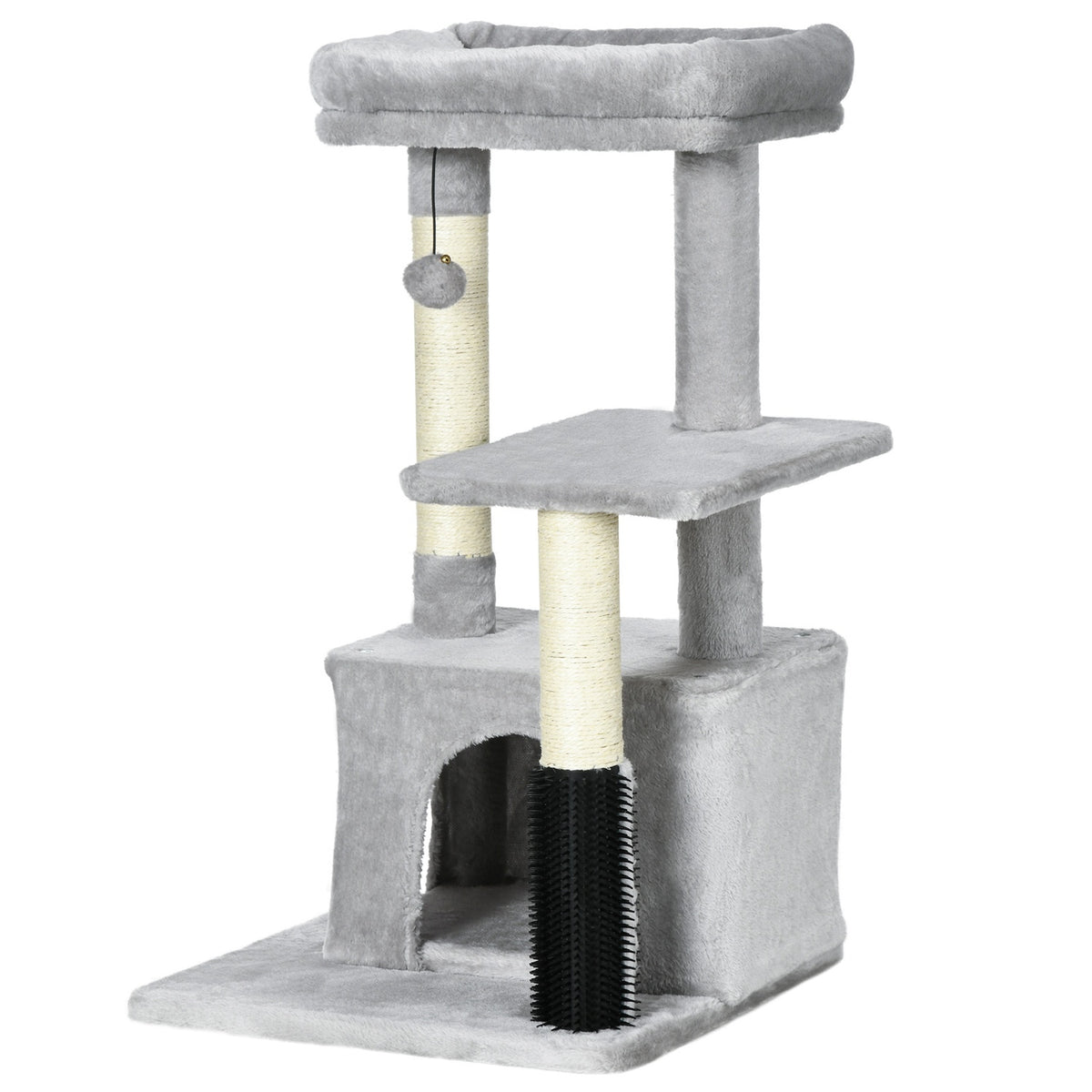 Scratching Post Cat Tree With Massage Corner, Cat Cave & Play Ball, Sisal Rope Scratching Poles, Light Gray, 48X48X85Cm