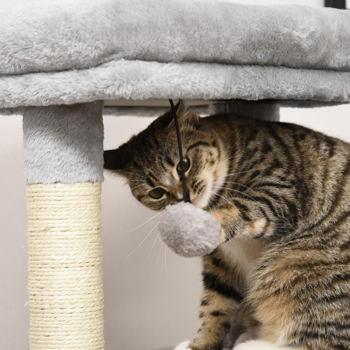 Scratching Post Cat Tree With Massage Corner, Cat Cave & Play Ball, Sisal Rope Scratching Poles, Light Gray, 48X48X85Cm
