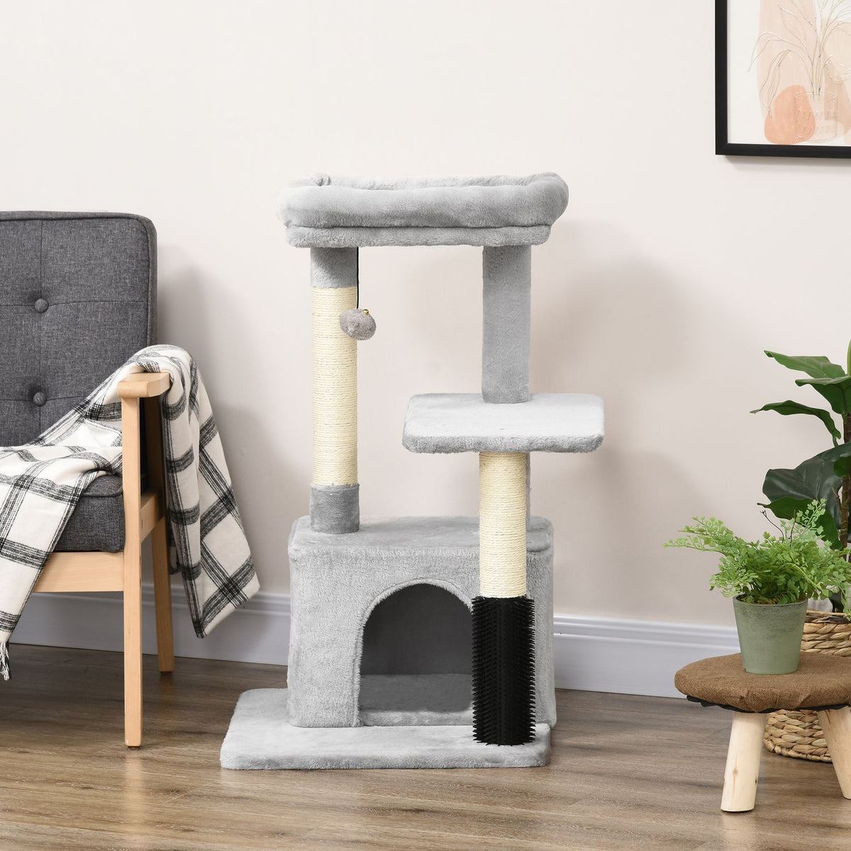 Scratching Post Cat Tree With Massage Corner, Cat Cave & Play Ball, Sisal Rope Scratching Poles, Light Gray, 48X48X85Cm