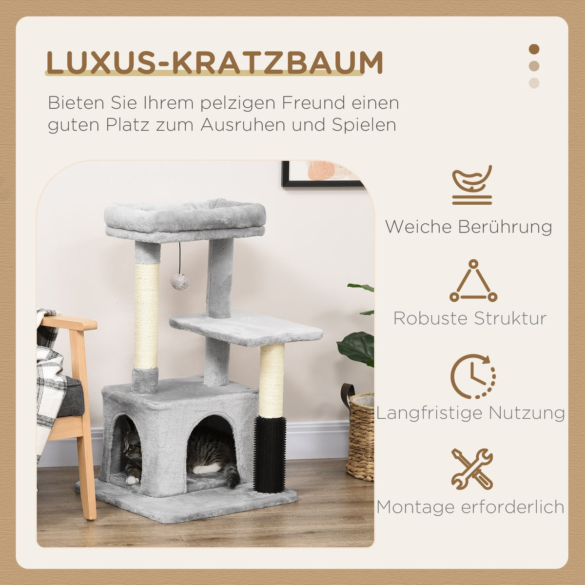 Scratching Post Cat Tree With Massage Corner, Cat Cave & Play Ball, Sisal Rope Scratching Poles, Light Gray, 48X48X85Cm