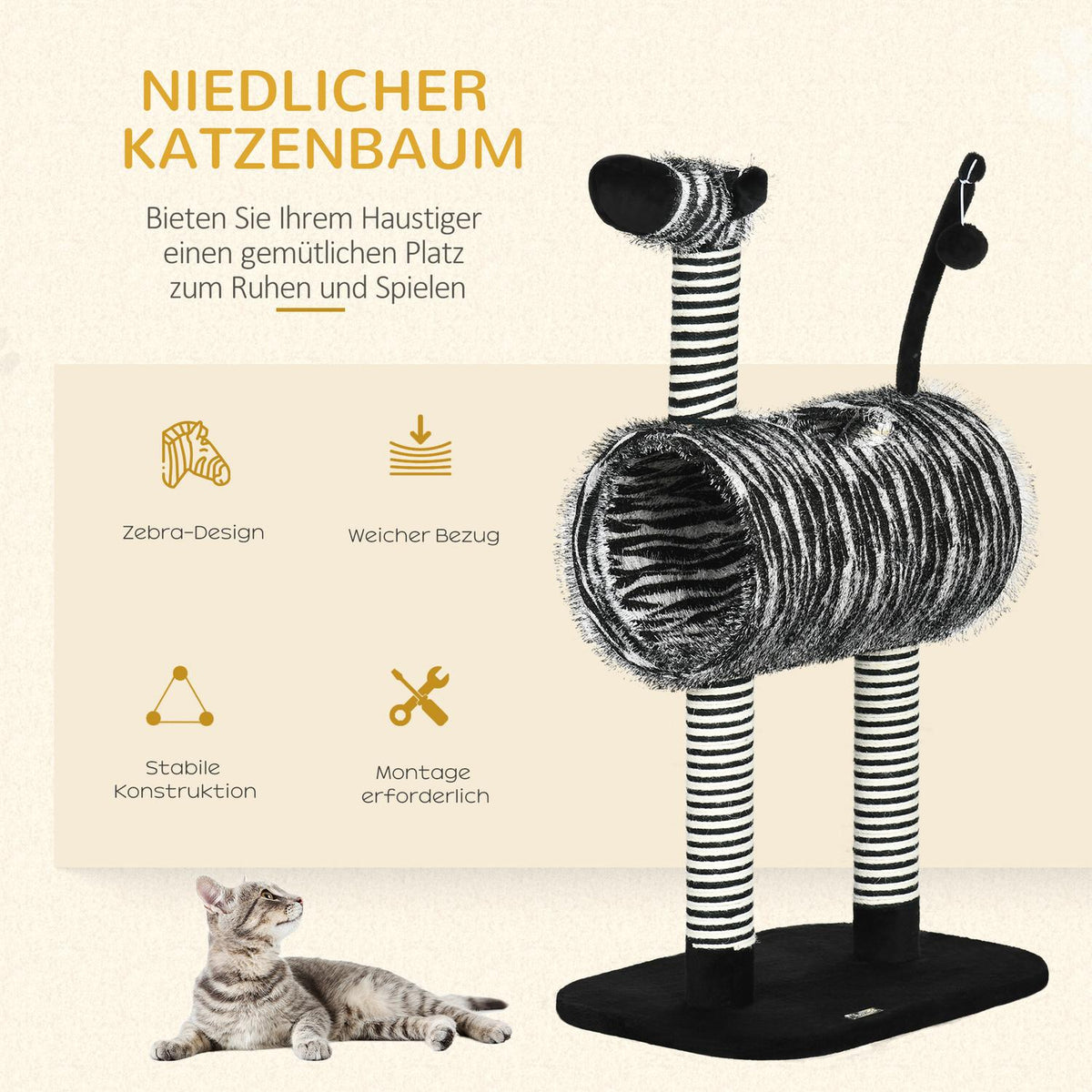 Scratching Post Cat Tree Zebra Design Climbing Tunnel Jute Post Black + White 93Cm
