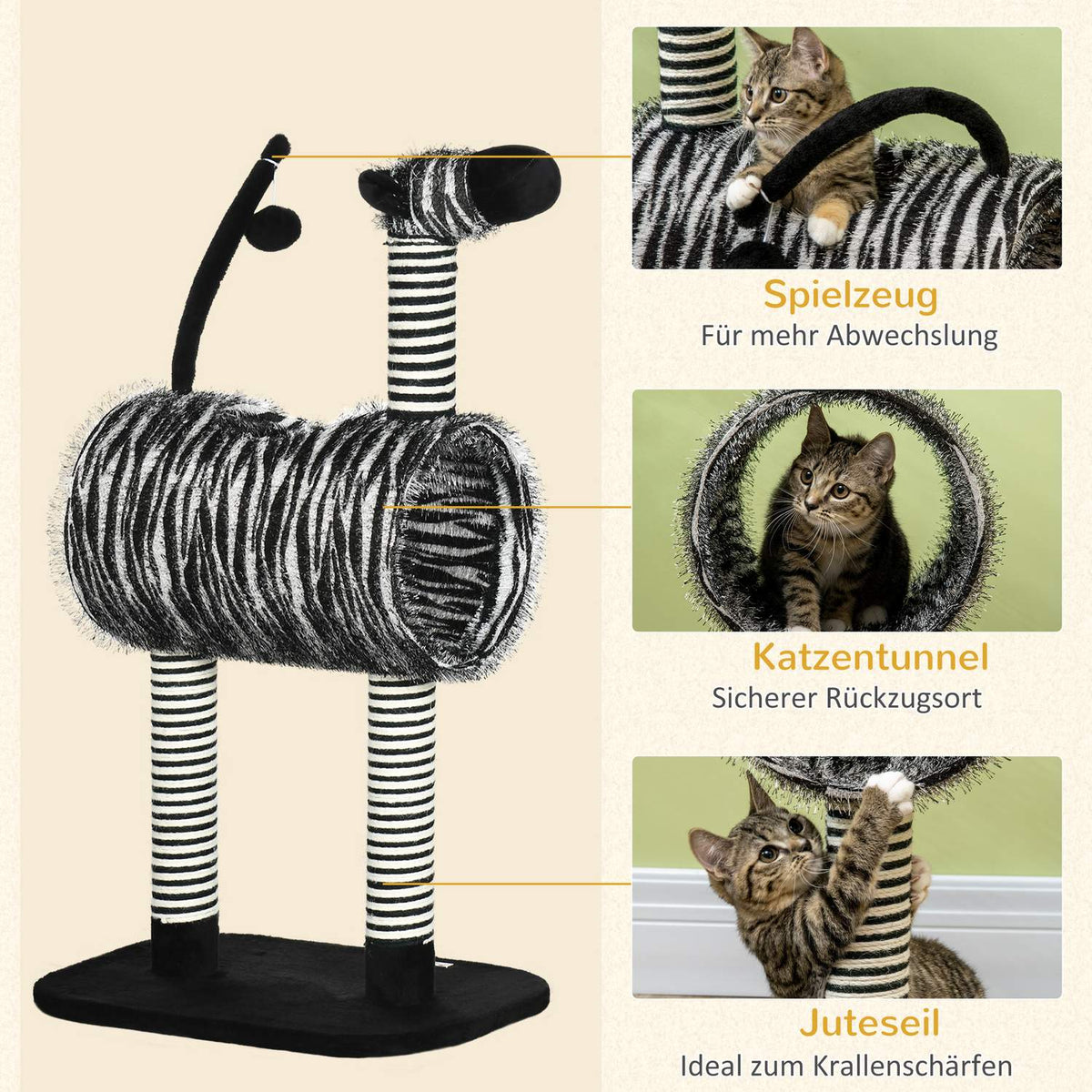 Scratching Post Cat Tree Zebra Design Climbing Tunnel Jute Post Black + White 93Cm