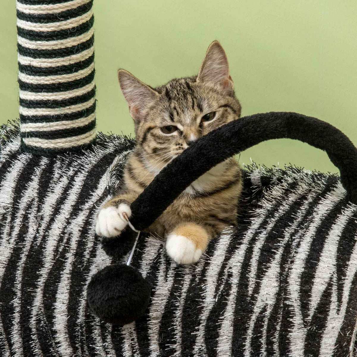 Scratching Post Cat Tree Zebra Design Climbing Tunnel Jute Post Black + White 93Cm