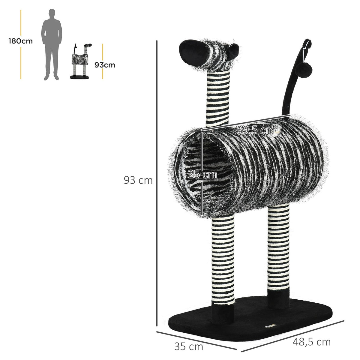 Scratching Post Cat Tree Zebra Design Climbing Tunnel Jute Post Black + White 93Cm