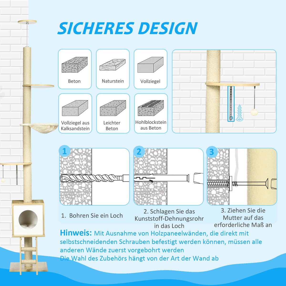 Scratching Post Ceiling High 240-260 Cm, With Cat House & Hammock, Light Brown + Beige