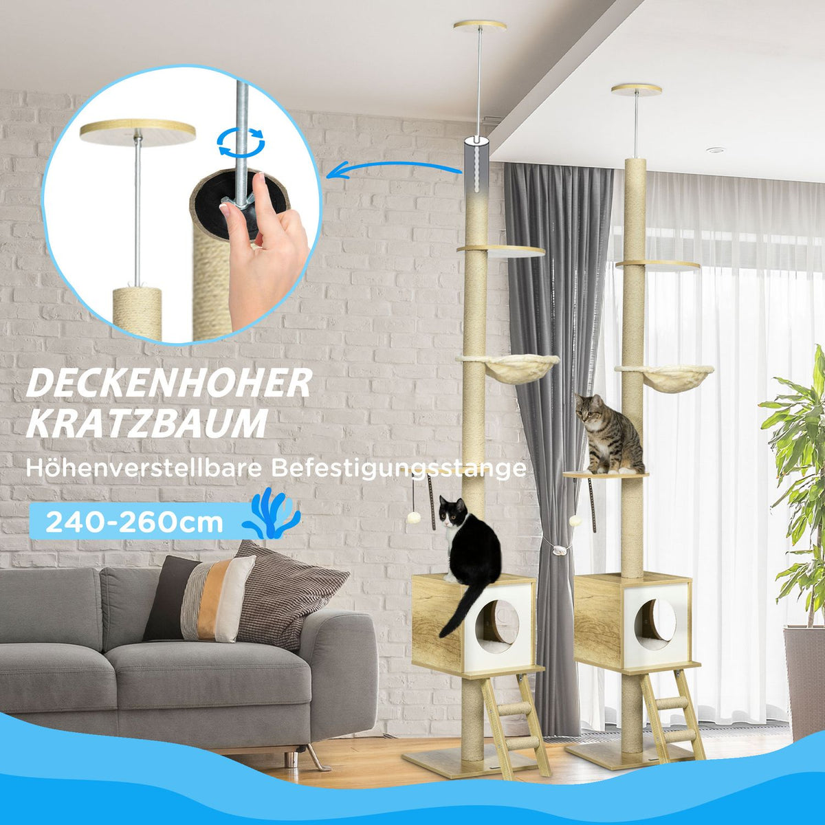 Scratching Post Ceiling High 240-260 Cm, With Cat House & Hammock, Light Brown + Beige