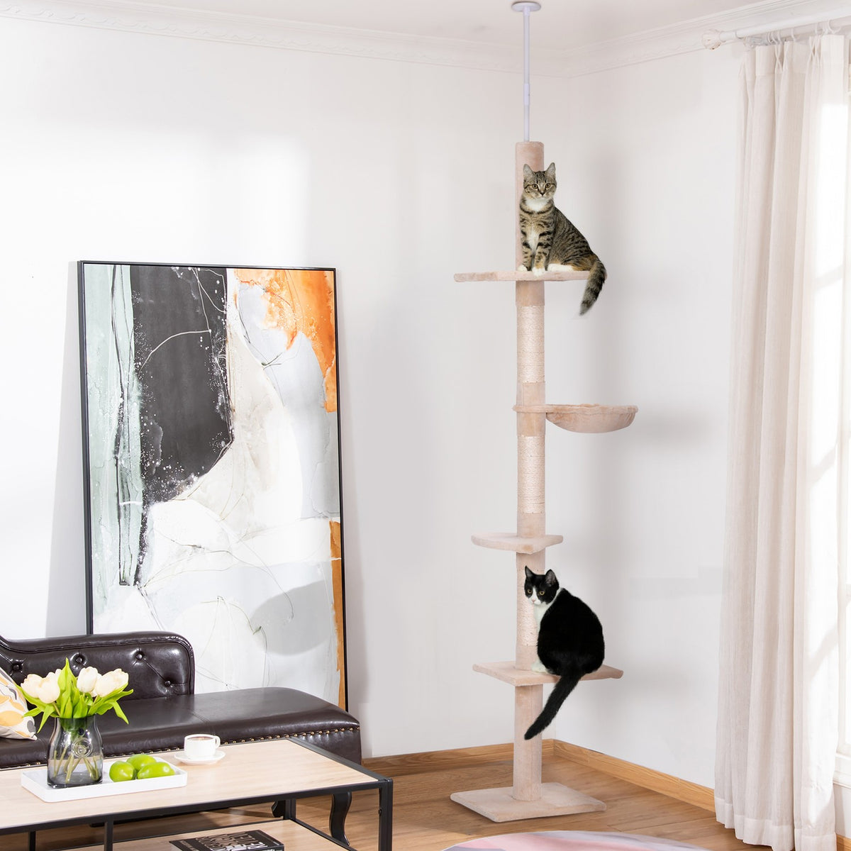 Scratching Post Ceiling High Beige Height-Adjustable Cat Tree With Sisal Columns, For Climbing & Scratching, 40X34X230-260Cm