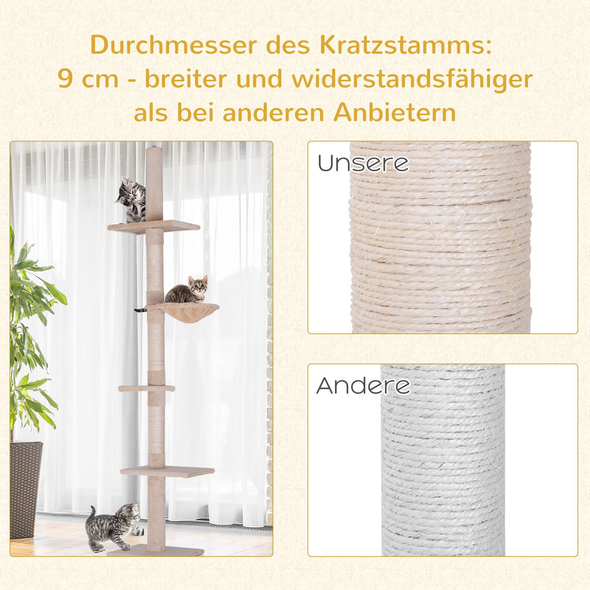 Scratching Post Ceiling High Beige Height-Adjustable Cat Tree With Sisal Columns, For Climbing & Scratching, 40X34X230-260Cm