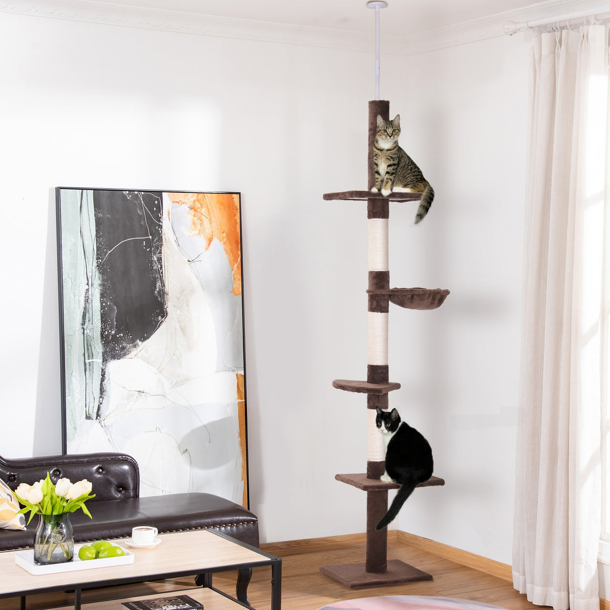 Scratching Post Ceiling High Brown Height-Adjustable Cat Tree With Sisal Columns, For Climbing & Scratching, 40X34X230-260Cm