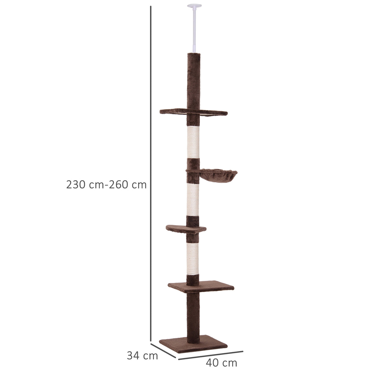 Scratching Post Ceiling High Brown Height-Adjustable Cat Tree With Sisal Columns, For Climbing & Scratching, 40X34X230-260Cm