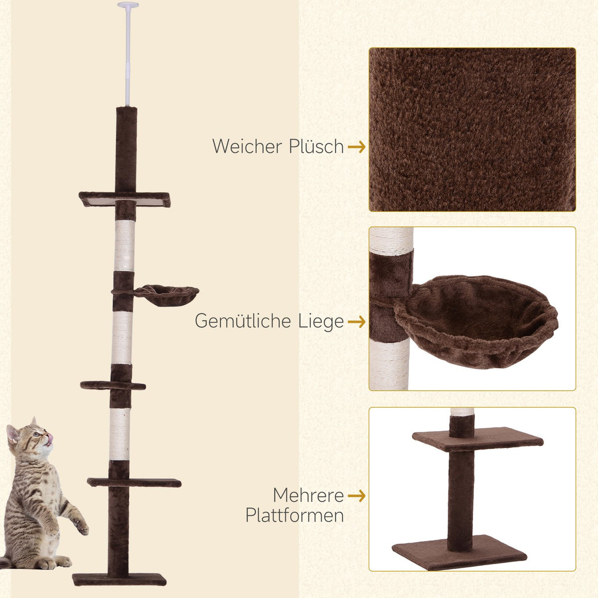 Scratching Post Ceiling High Brown Height-Adjustable Cat Tree With Sisal Columns, For Climbing & Scratching, 40X34X230-260Cm