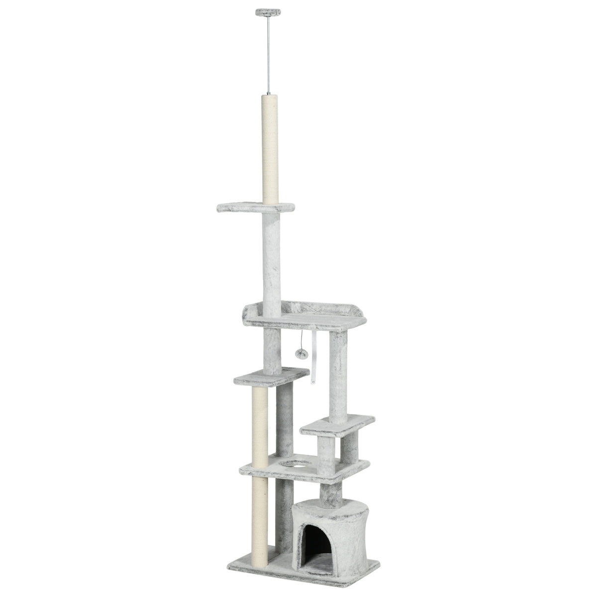 Scratching Post Ceiling High Cat Tree With Play Ball, Cat Cave, Stairs, 225-255 Cm, Light Gray