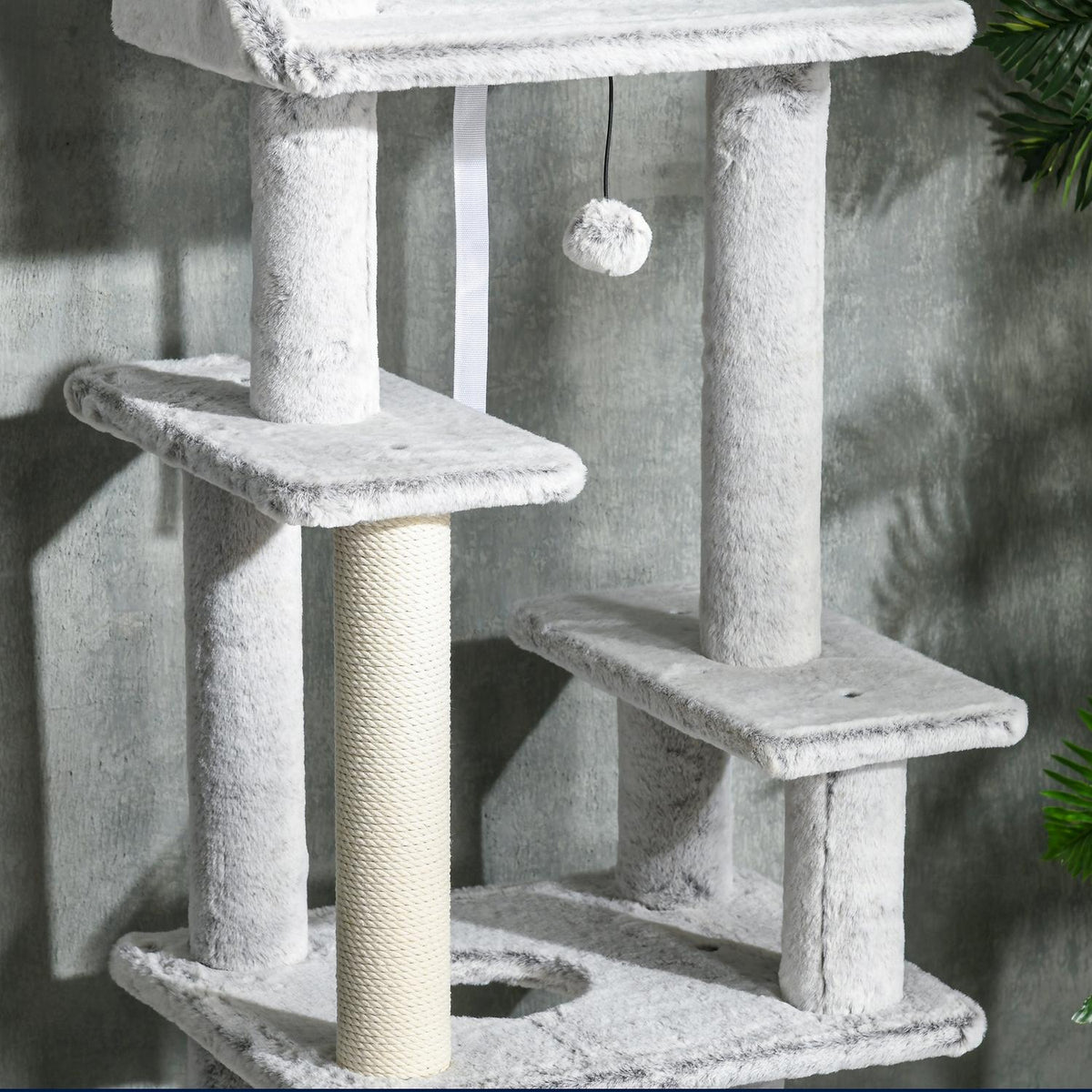 Scratching Post Ceiling High Cat Tree With Play Ball, Cat Cave, Stairs, 225-255 Cm, Light Gray
