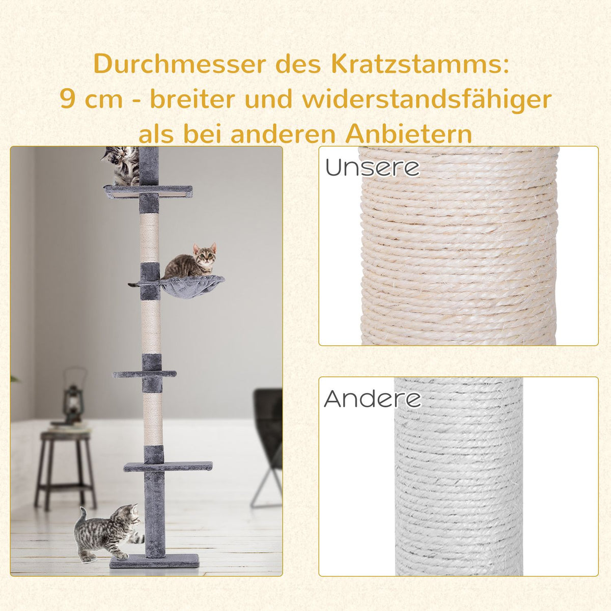 Scratching Post Ceiling High Gray Height-Adjustable Cat Tree With Sisal Columns, For Climbing & Scratching, 40X34X230-260Cm