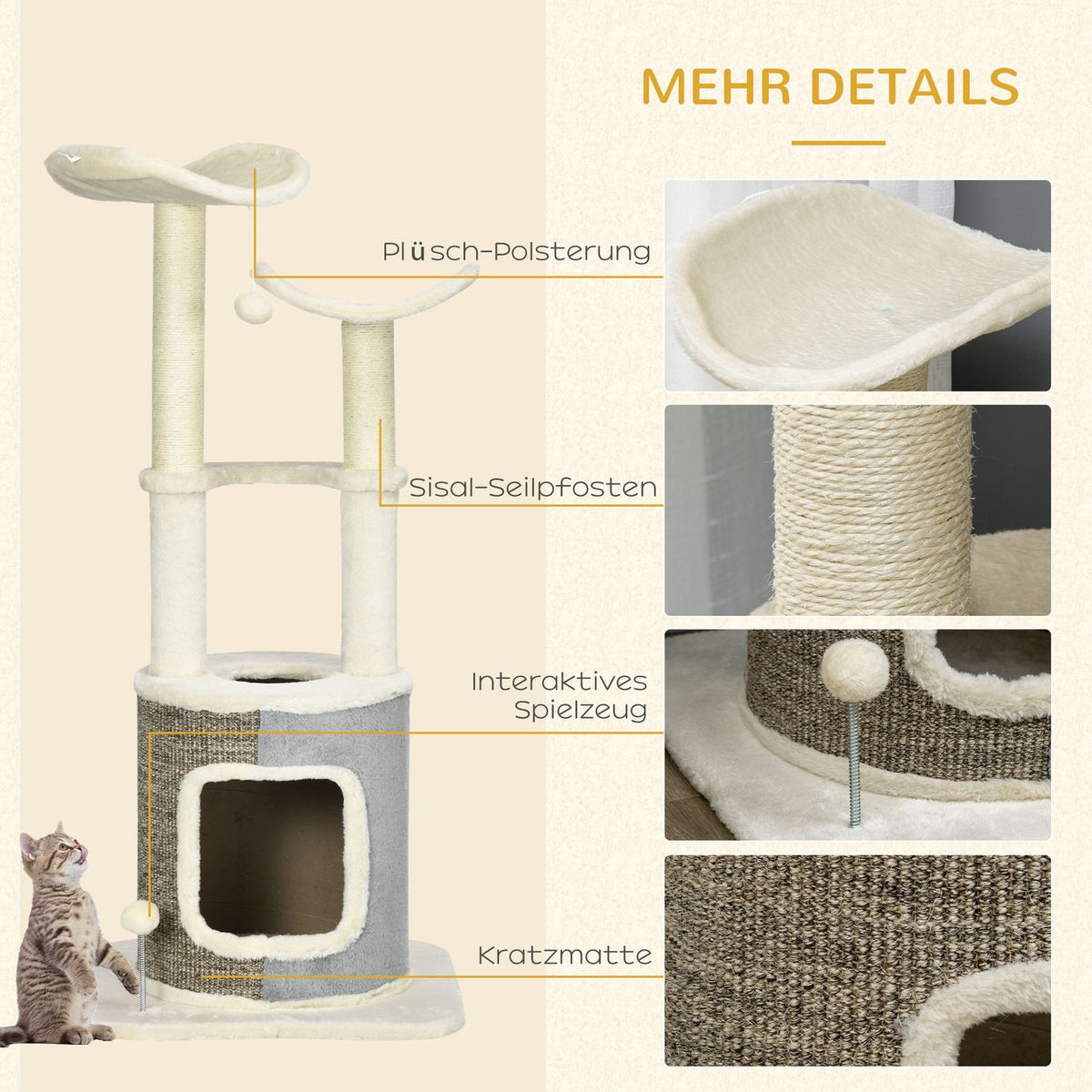 Scratching Post, Climbing Post With Cat Cave, Cat Post With Platform, Cat Scratching Post, Cat Furniture With Play Ball, Activity Scratching Posts, Cream White