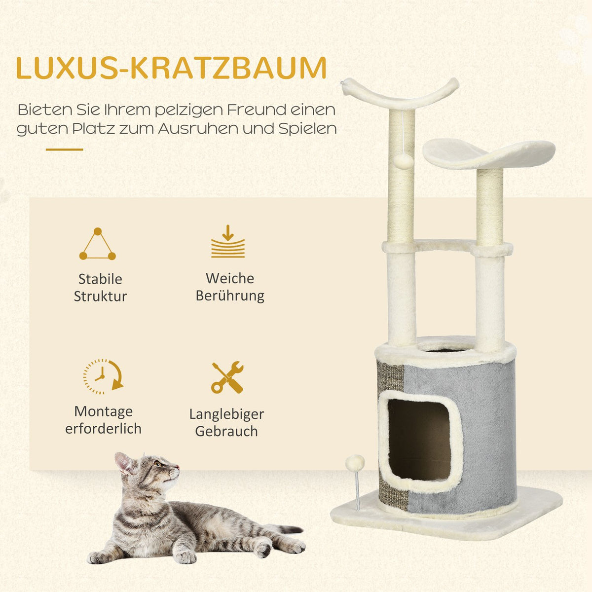 Scratching Post, Climbing Post With Cat Cave, Cat Post With Platform, Cat Scratching Post, Cat Furniture With Play Ball, Activity Scratching Posts, Cream White