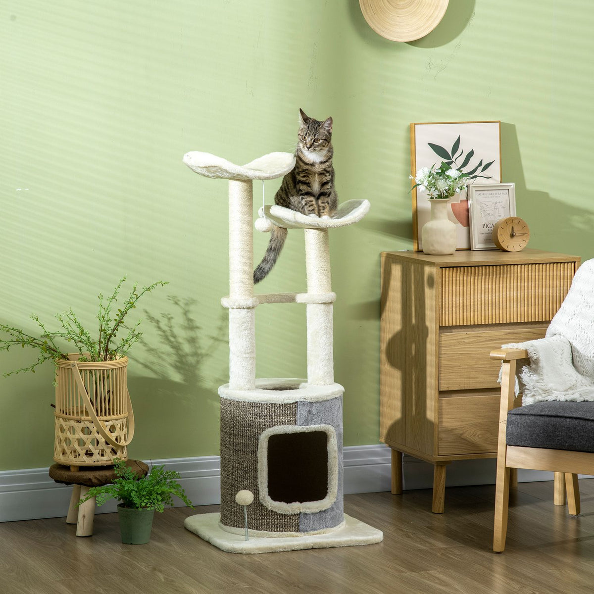 Scratching Post, Climbing Post With Cat Cave, Cat Post With Platform, Cat Scratching Post, Cat Furniture With Play Ball, Activity Scratching Posts, Cream White