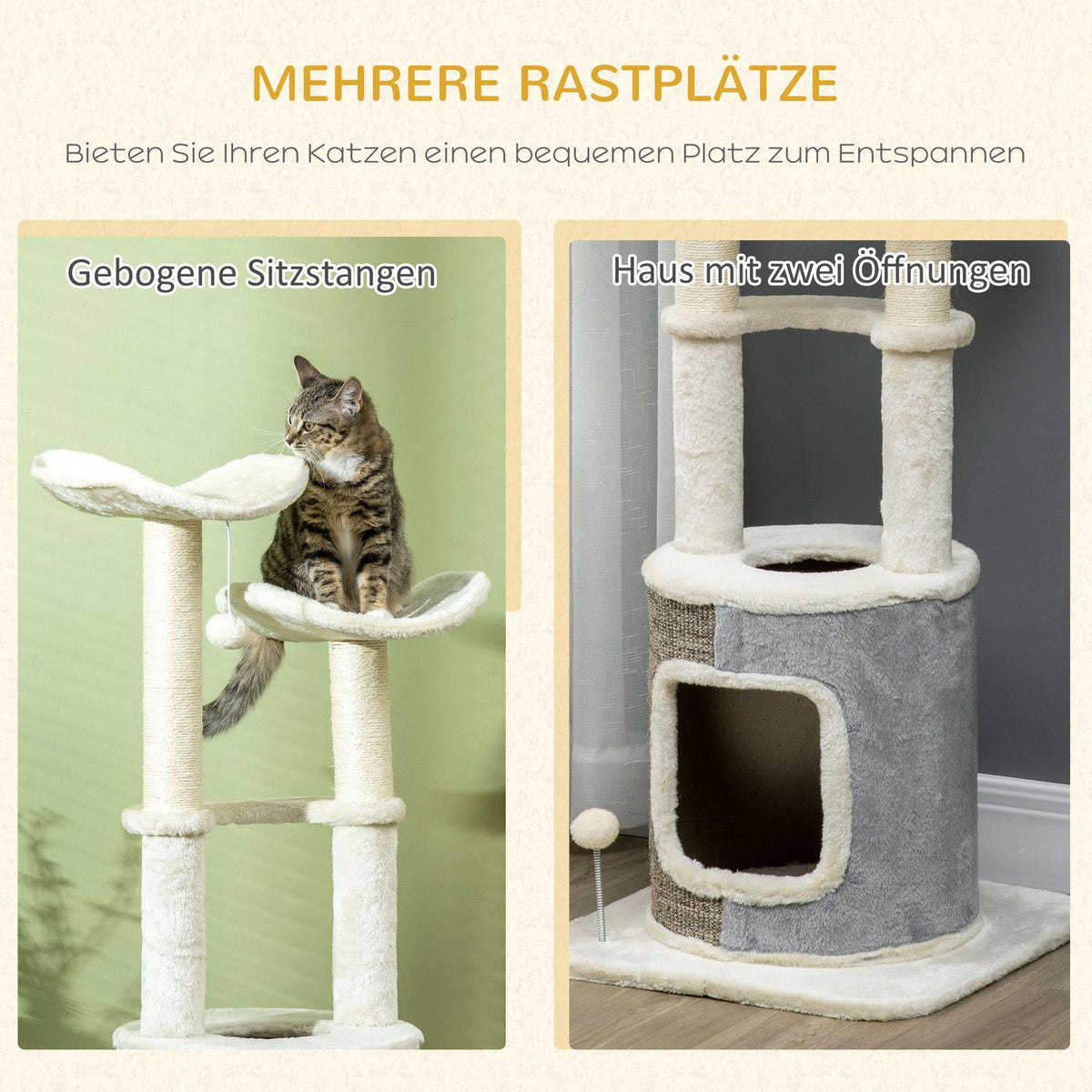 Scratching Post, Climbing Post With Cat Cave, Cat Post With Platform, Cat Scratching Post, Cat Furniture With Play Ball, Activity Scratching Posts, Cream White