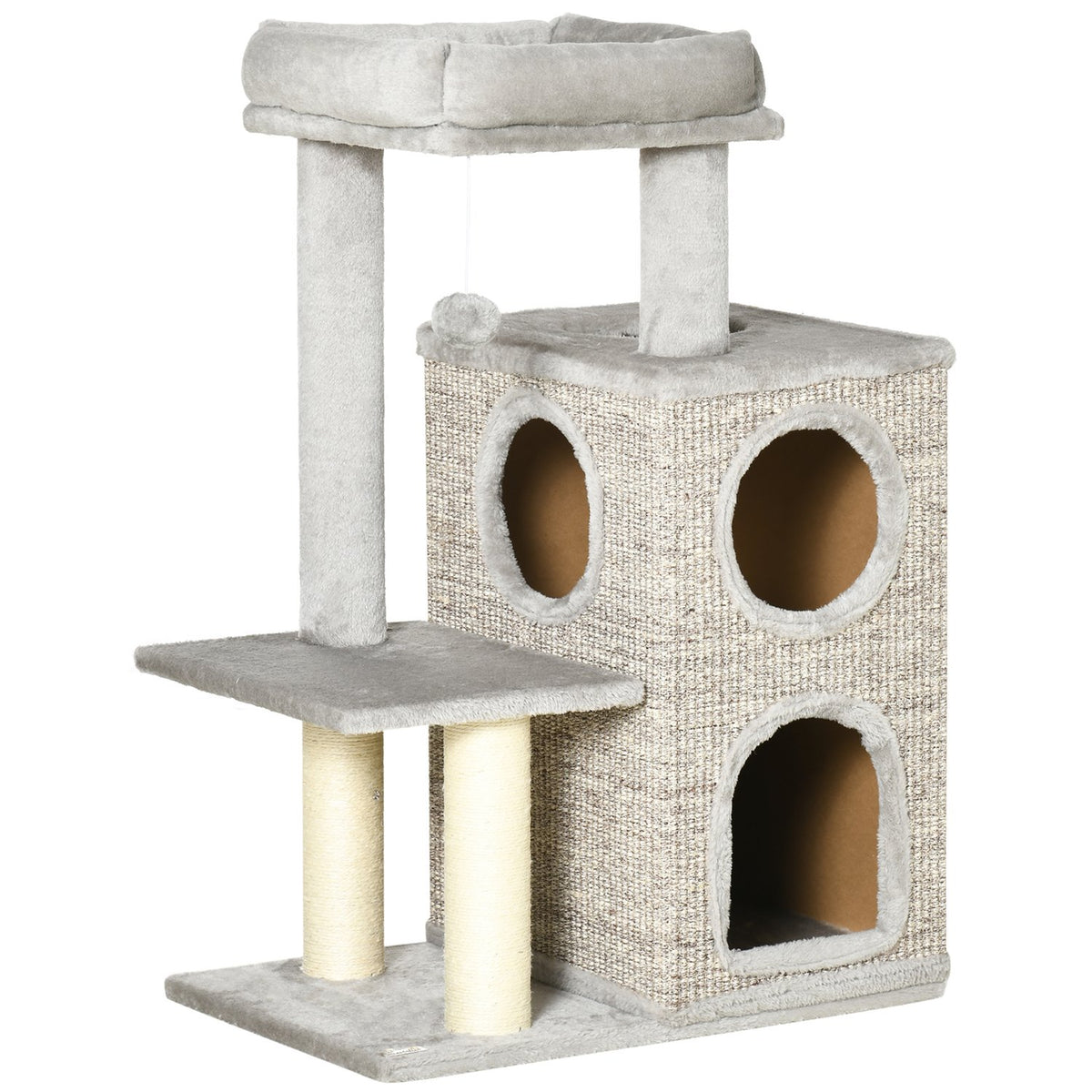 Scratching Post Climbing Tree With 2 Cat Caves And Sisal Column, Cat Scratching Post With Play Platform, Light Grey, 91Cm