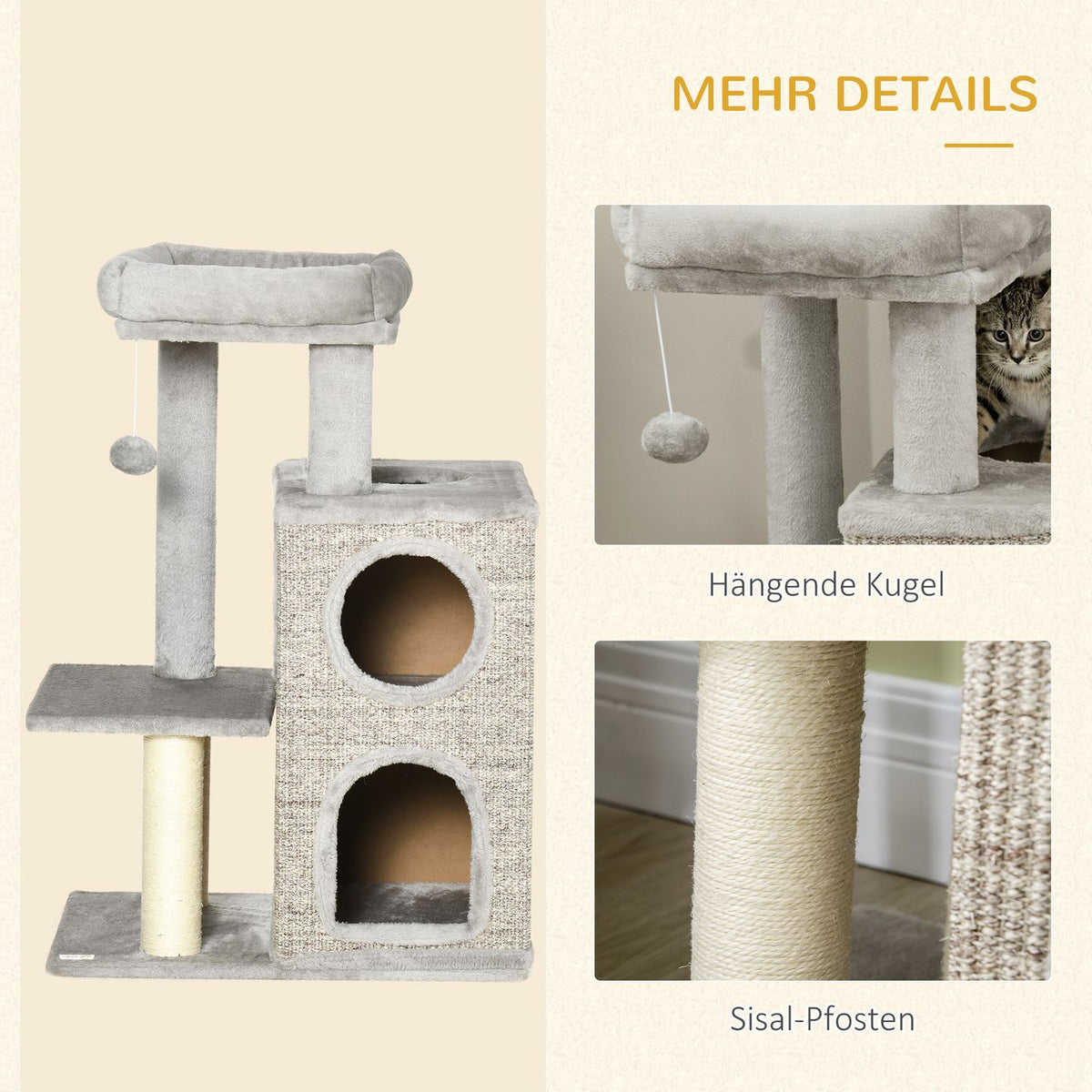 Scratching Post Climbing Tree With 2 Cat Caves And Sisal Column, Cat Scratching Post With Play Platform, Light Grey, 91Cm