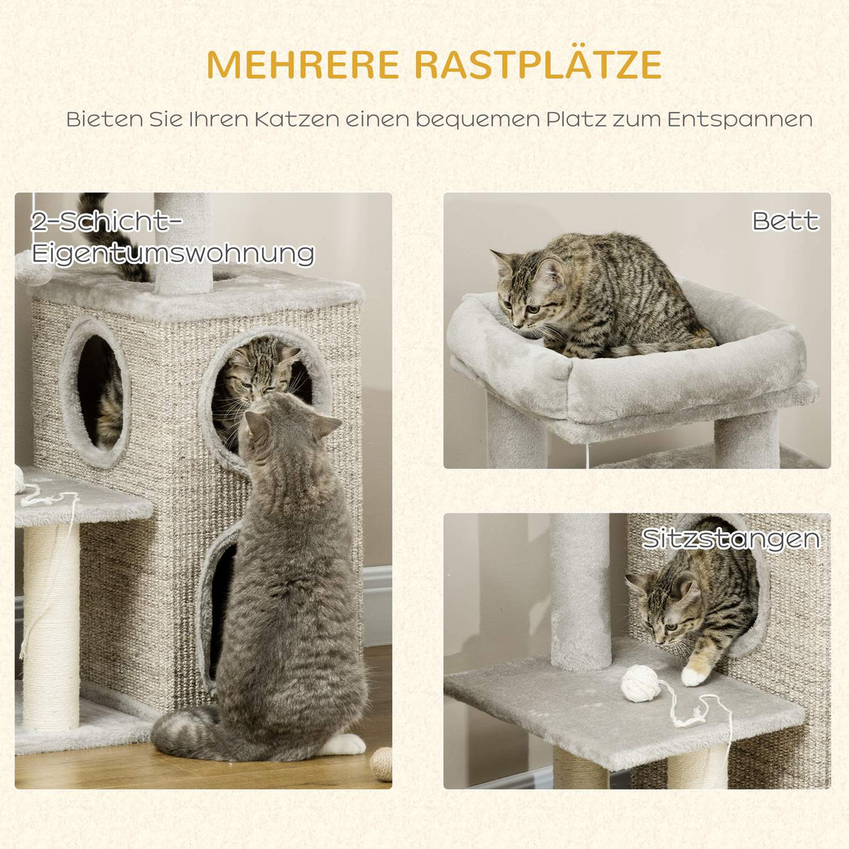 Scratching Post Climbing Tree With 2 Cat Caves And Sisal Column, Cat Scratching Post With Play Platform, Light Grey, 91Cm