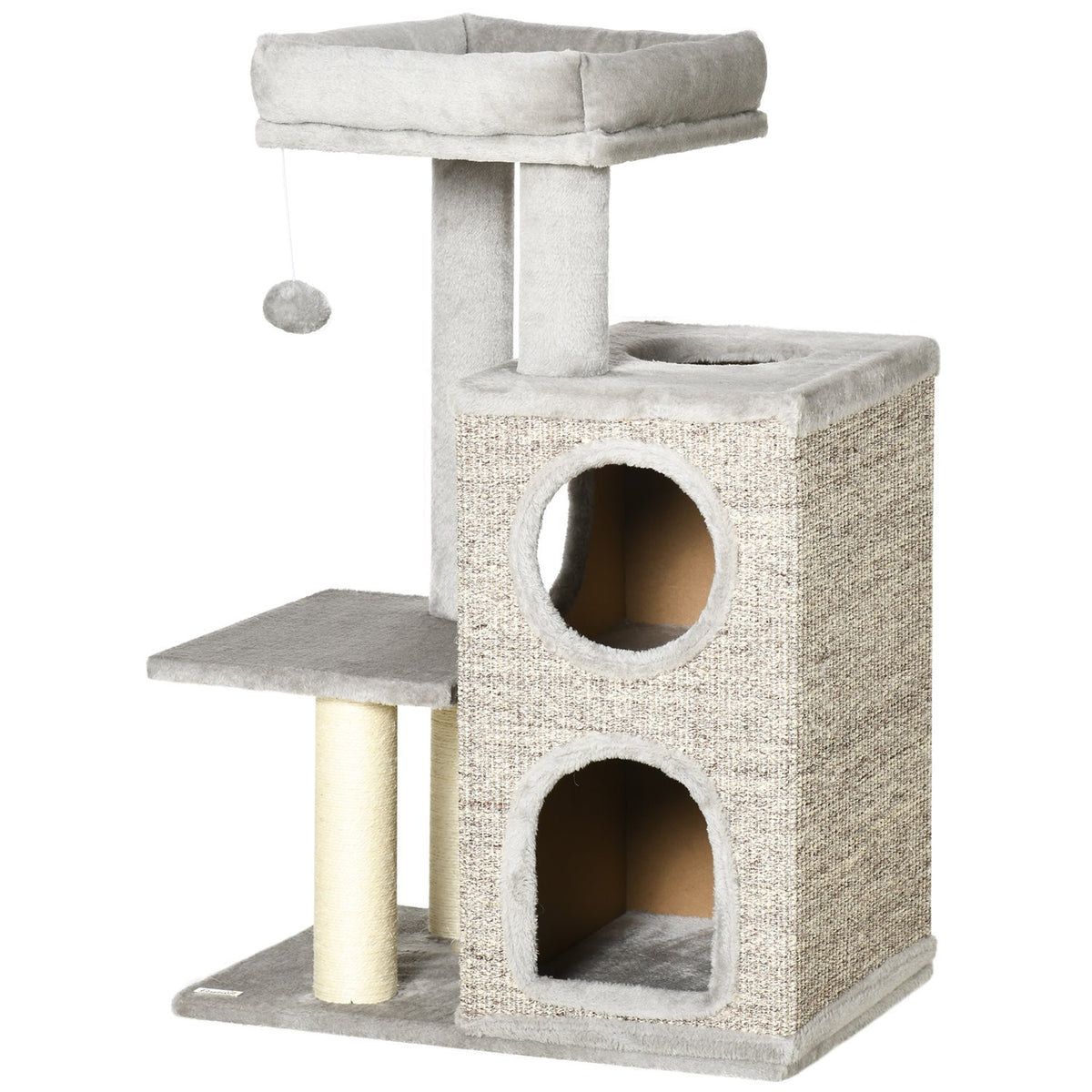 Scratching Post Climbing Tree With 2 Cat Caves And Sisal Column, Cat Scratching Post With Play Platform, Light Grey, 91Cm