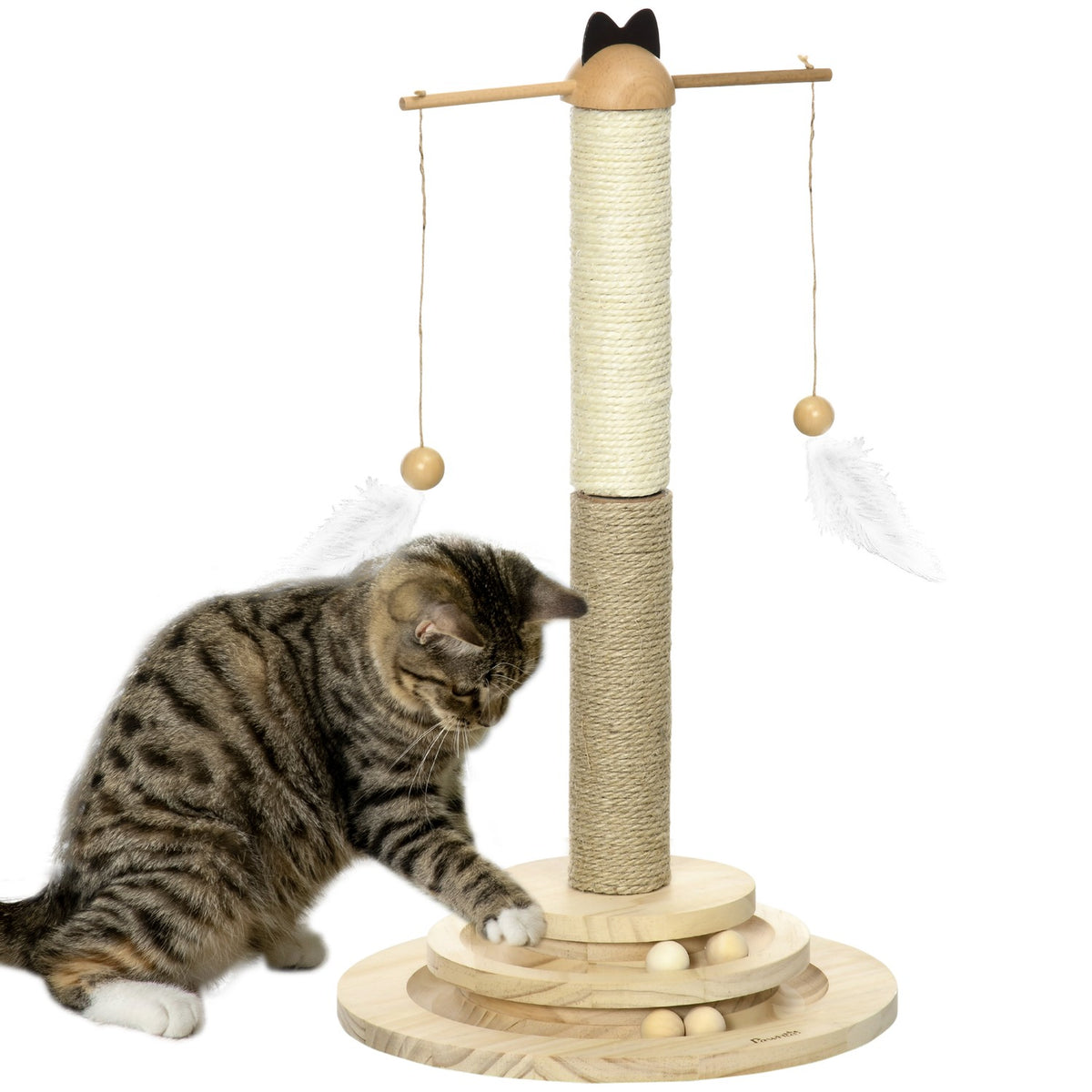 Scratching Post Climbing Tree With Scratching Board & Ball Toy, Cat Furniture Made Of Natural Wood, 56 Cm