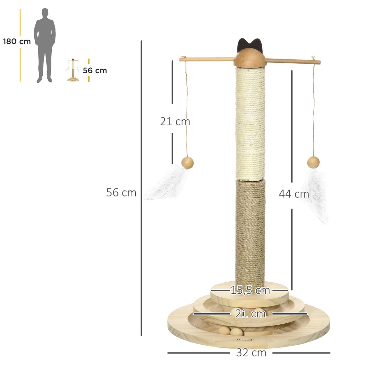 Scratching Post Climbing Tree With Scratching Board & Ball Toy, Cat Furniture Made Of Natural Wood, 56 Cm