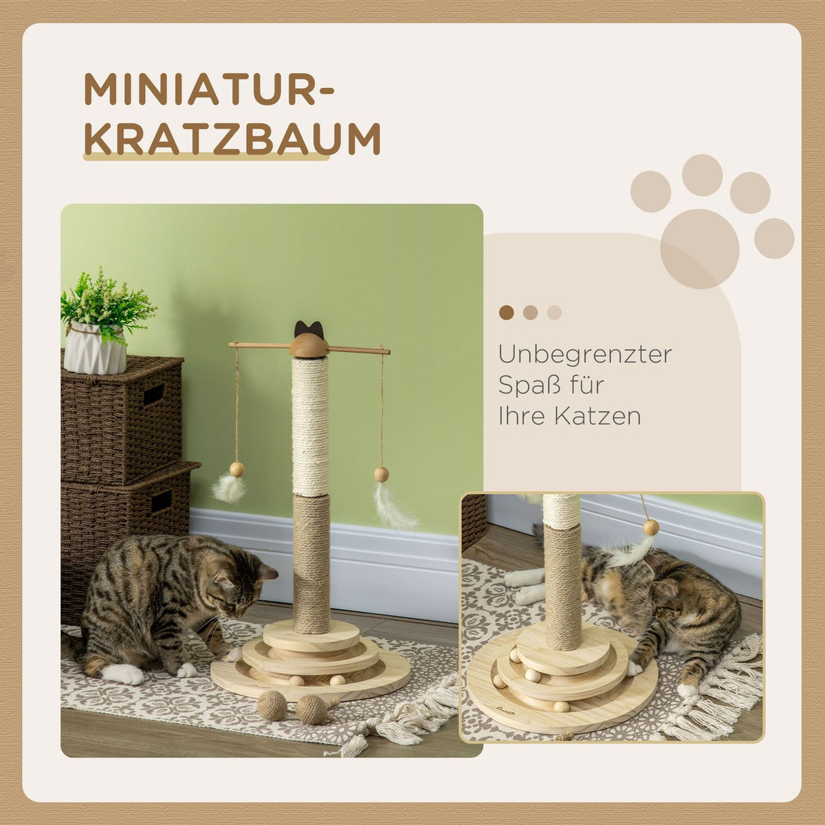 Scratching Post Climbing Tree With Scratching Board & Ball Toy, Cat Furniture Made Of Natural Wood, 56 Cm