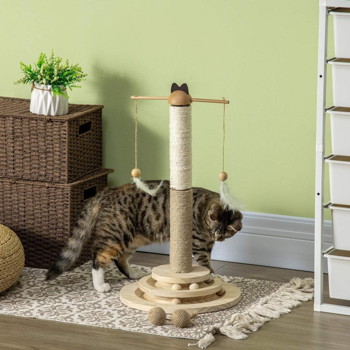 Scratching Post Climbing Tree With Scratching Board & Ball Toy, Cat Furniture Made Of Natural Wood, 56 Cm