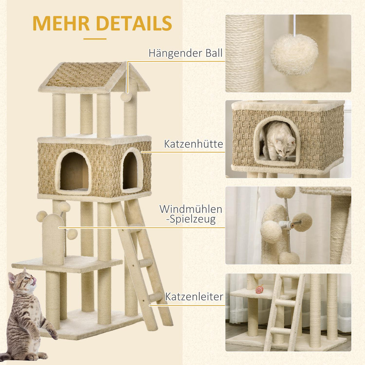 Scratching Post Large Cat Tree 130Cm, With Cat Cave & Play Balls, Jute Trunks, Khaki + Beige, Chipboard Plush