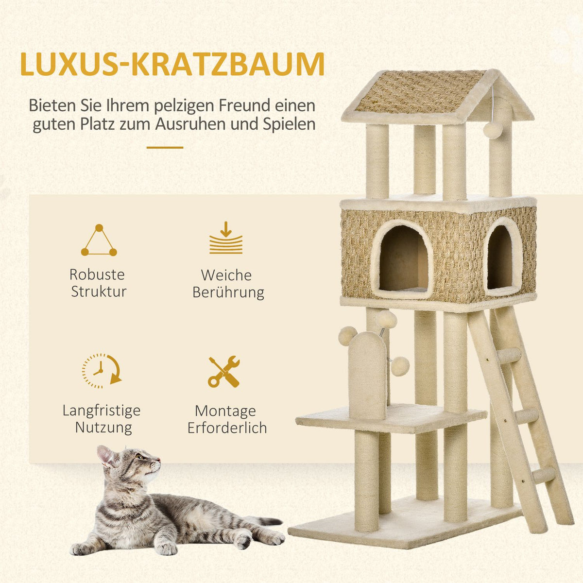 Scratching Post Large Cat Tree 130Cm, With Cat Cave & Play Balls, Jute Trunks, Khaki + Beige, Chipboard Plush