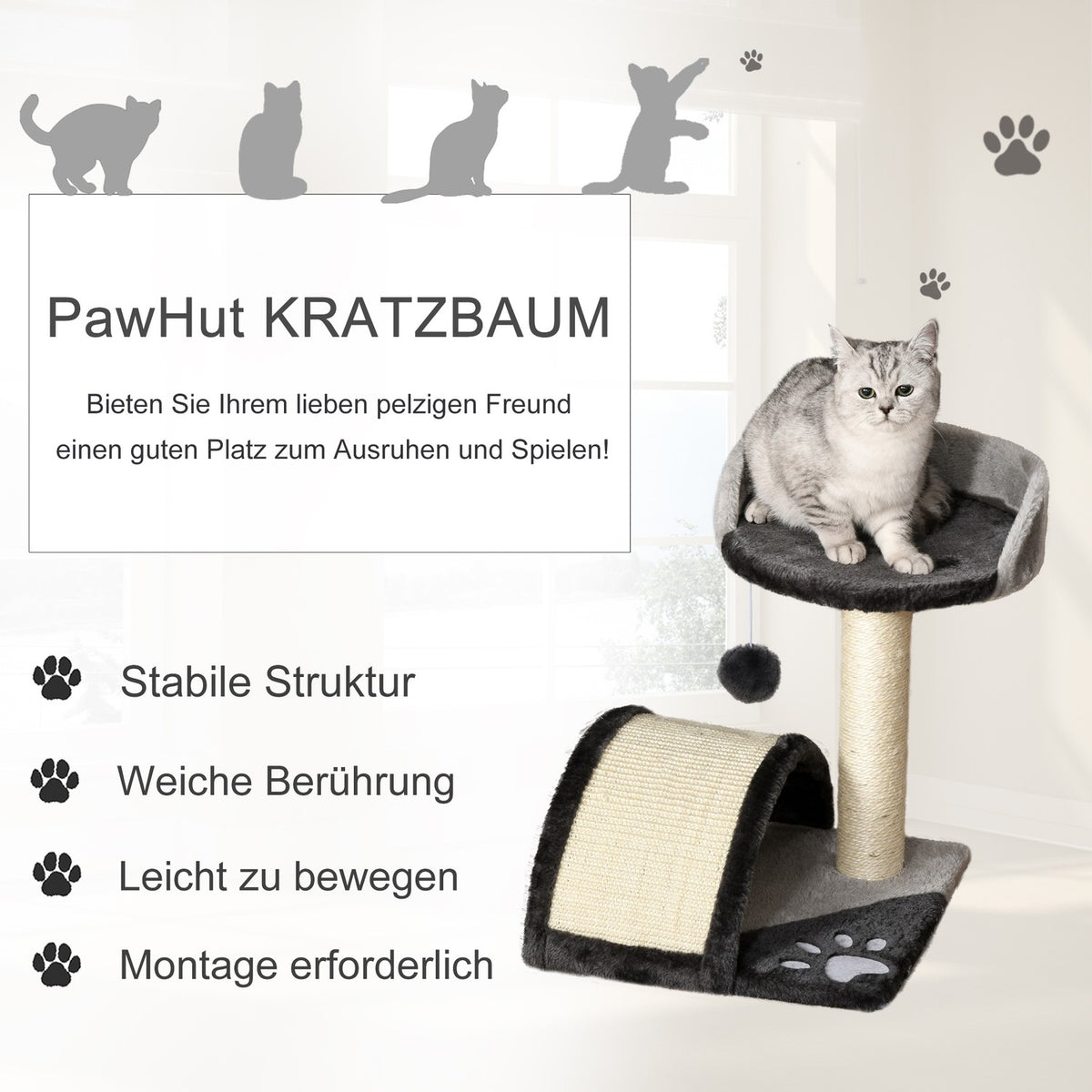 Scratching Post Play Balls & Sisal Rope Scratching Poles, Stable Cat Tree, Gray, 35.5X37X46Cm