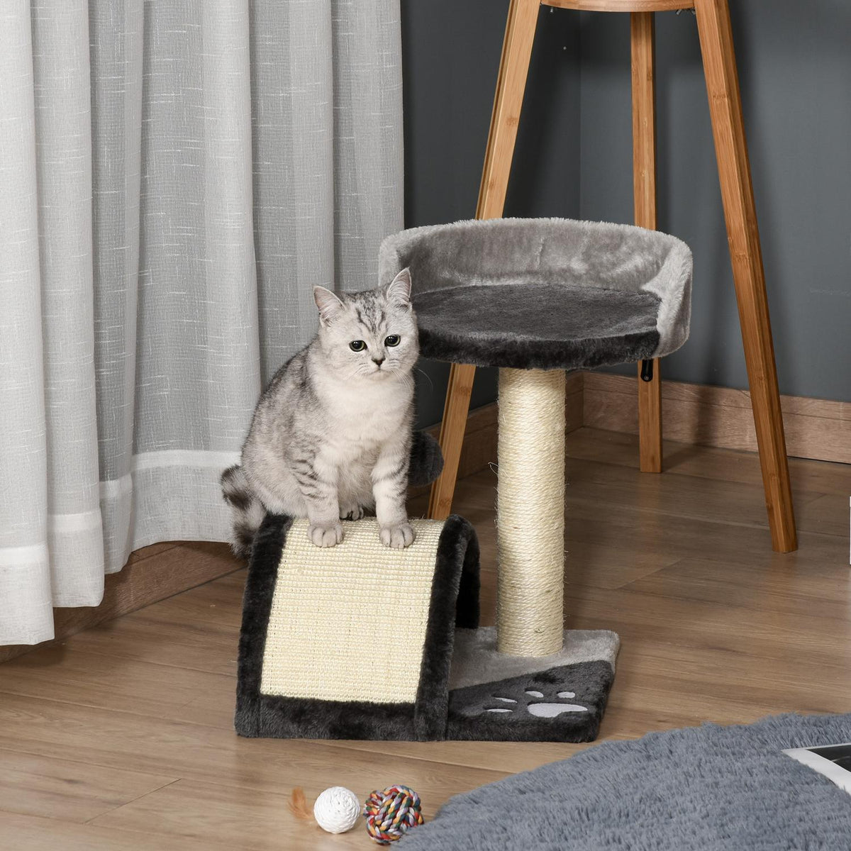 Scratching Post Play Balls & Sisal Rope Scratching Poles, Stable Cat Tree, Gray, 35.5X37X46Cm