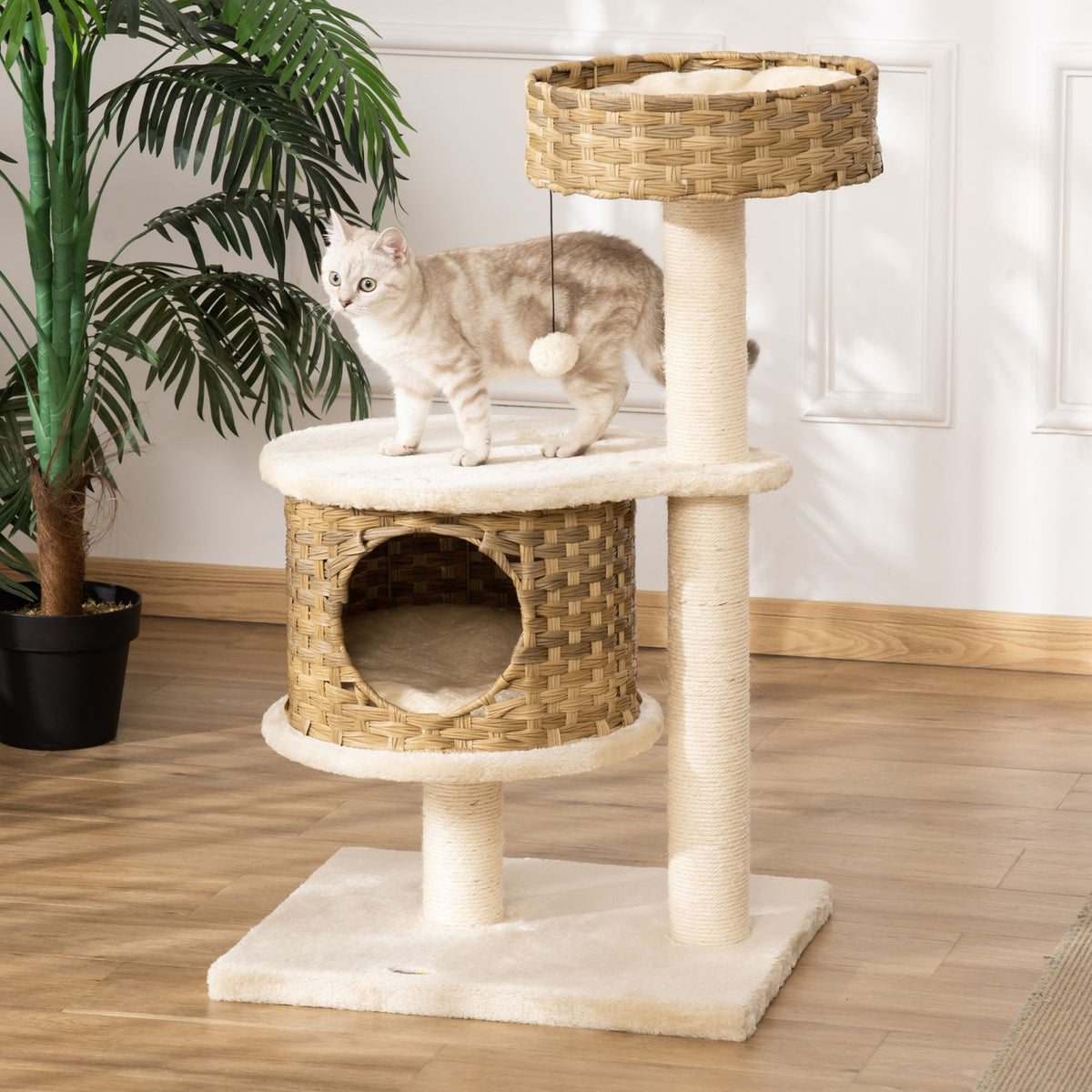 Scratching Post Rattan Cat Tree, Climbing Tree With Cat Cave & Sisal Posts, Play Balls, 95Cm, Natural Sisal+Beige