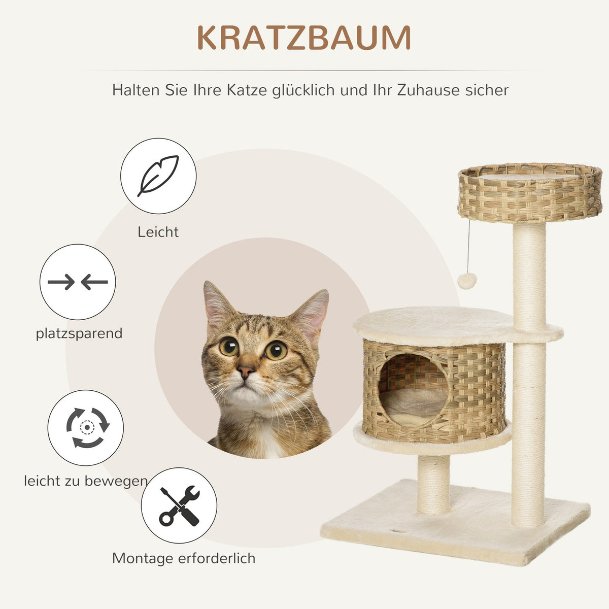Scratching Post Rattan Cat Tree, Climbing Tree With Cat Cave & Sisal Posts, Play Balls, 95Cm, Natural Sisal+Beige