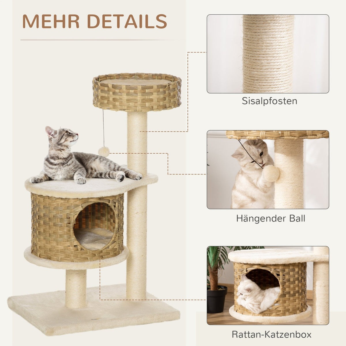Scratching Post Rattan Cat Tree, Climbing Tree With Cat Cave & Sisal Posts, Play Balls, 95Cm, Natural Sisal+Beige