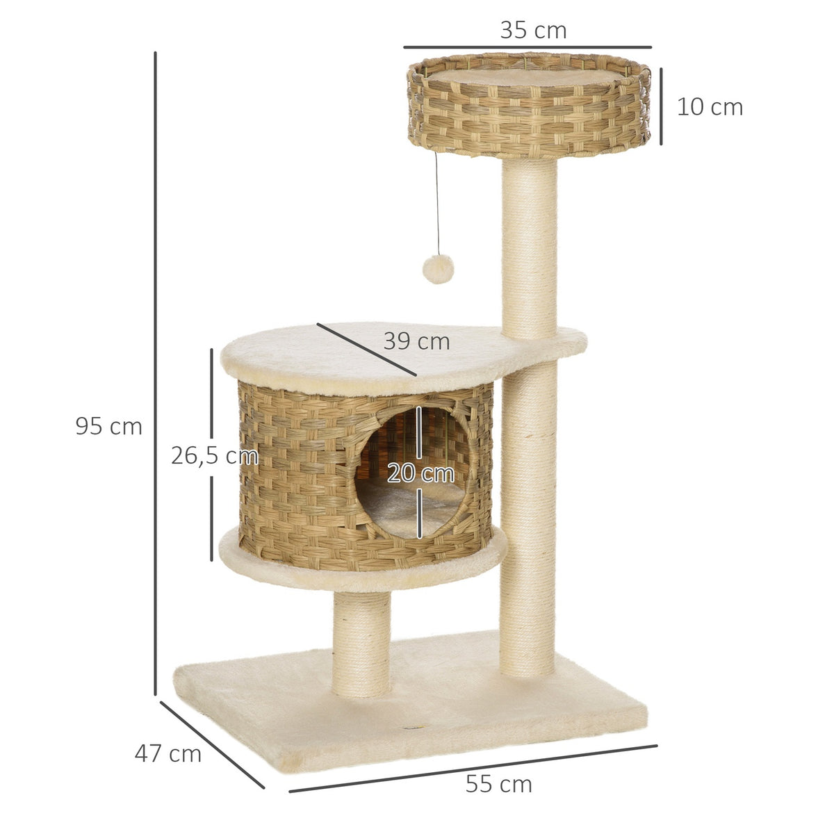 Scratching Post Rattan Cat Tree, Climbing Tree With Cat Cave & Sisal Posts, Play Balls, 95Cm, Natural Sisal+Beige