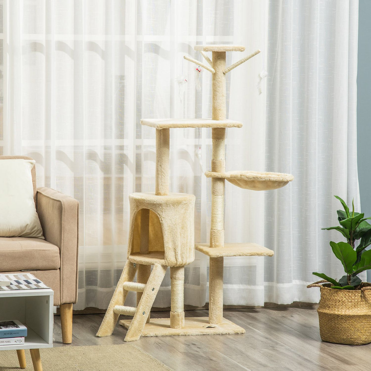 Scratching Post Stairs 4 Toys Beige Game & Rest 50X35X134.2Cm