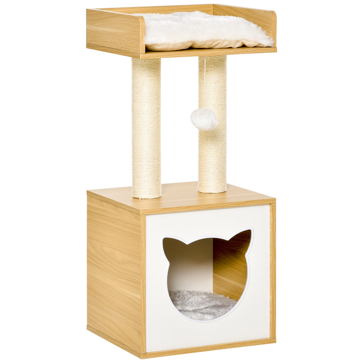 Scratching Post With Cat Cave & 2 Cushions, Cat Tree With Toys, Natural Sisal, 35X35X81Cm