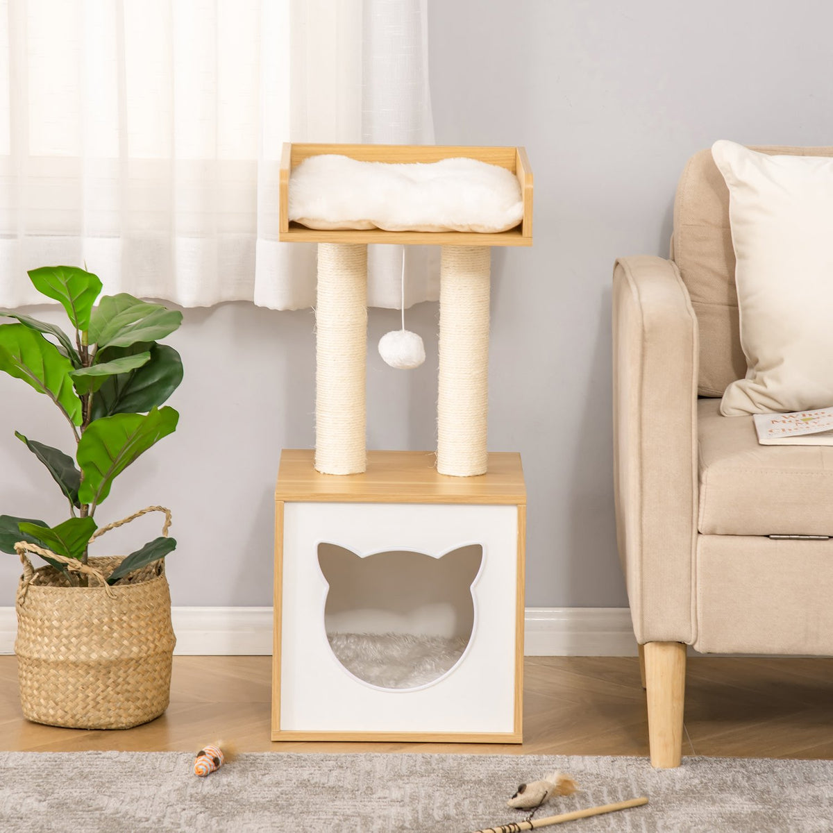Scratching Post With Cat Cave & 2 Cushions, Cat Tree With Toys, Natural Sisal, 35X35X81Cm