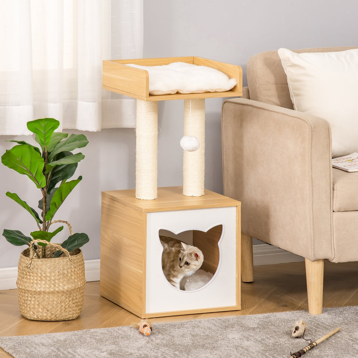Scratching Post With Cat Cave & 2 Cushions, Cat Tree With Toys, Natural Sisal, 35X35X81Cm