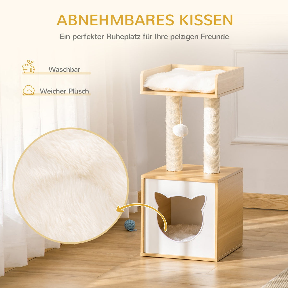 Scratching Post With Cat Cave & 2 Cushions, Cat Tree With Toys, Natural Sisal, 35X35X81Cm