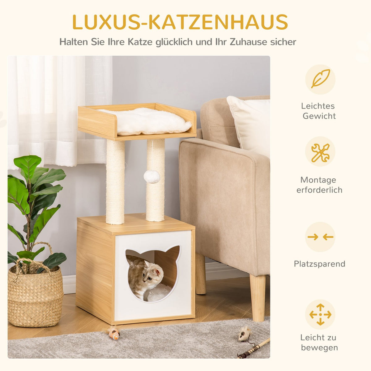 Scratching Post With Cat Cave & 2 Cushions, Cat Tree With Toys, Natural Sisal, 35X35X81Cm